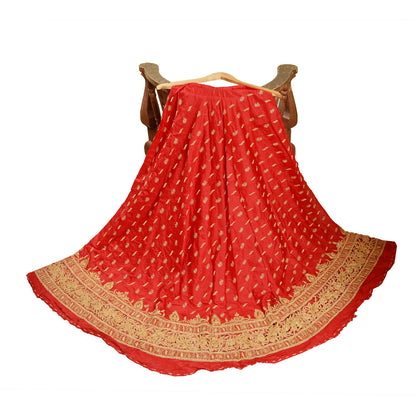 Sanskriti Red Long Skirt 100% Pure Silk Hand Beaded Ethnic Unstitched Lehenga
