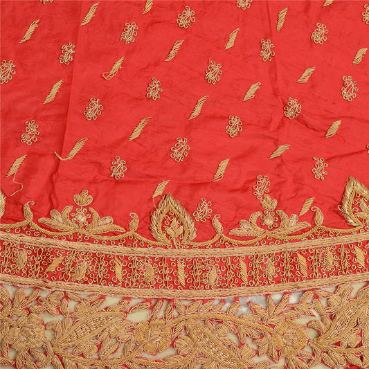 Sanskriti Red Long Skirt 100% Pure Silk Hand Beaded Ethnic Unstitched Lehenga