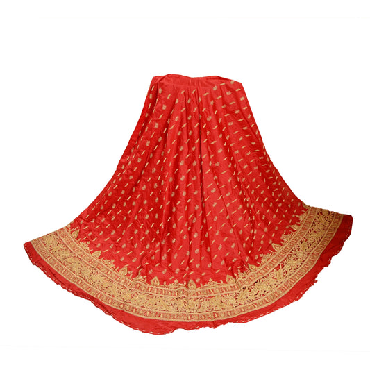 Sanskriti Red Long Skirt 100% Pure Silk Hand Beaded Ethnic Unstitched Lehenga