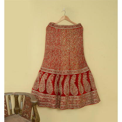 Sanskriti Vintage Red Long Wedding Skirt Pure Silk Hand Beaded Stitched Lehenga