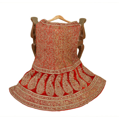 Sanskriti Vintage Red Long Wedding Skirt Pure Silk Hand Beaded Stitched Lehenga