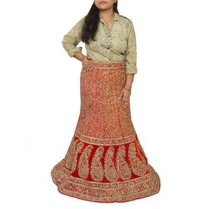 Sanskriti Vintage Red Long Wedding Skirt Pure Silk Hand Beaded Stitched Lehenga