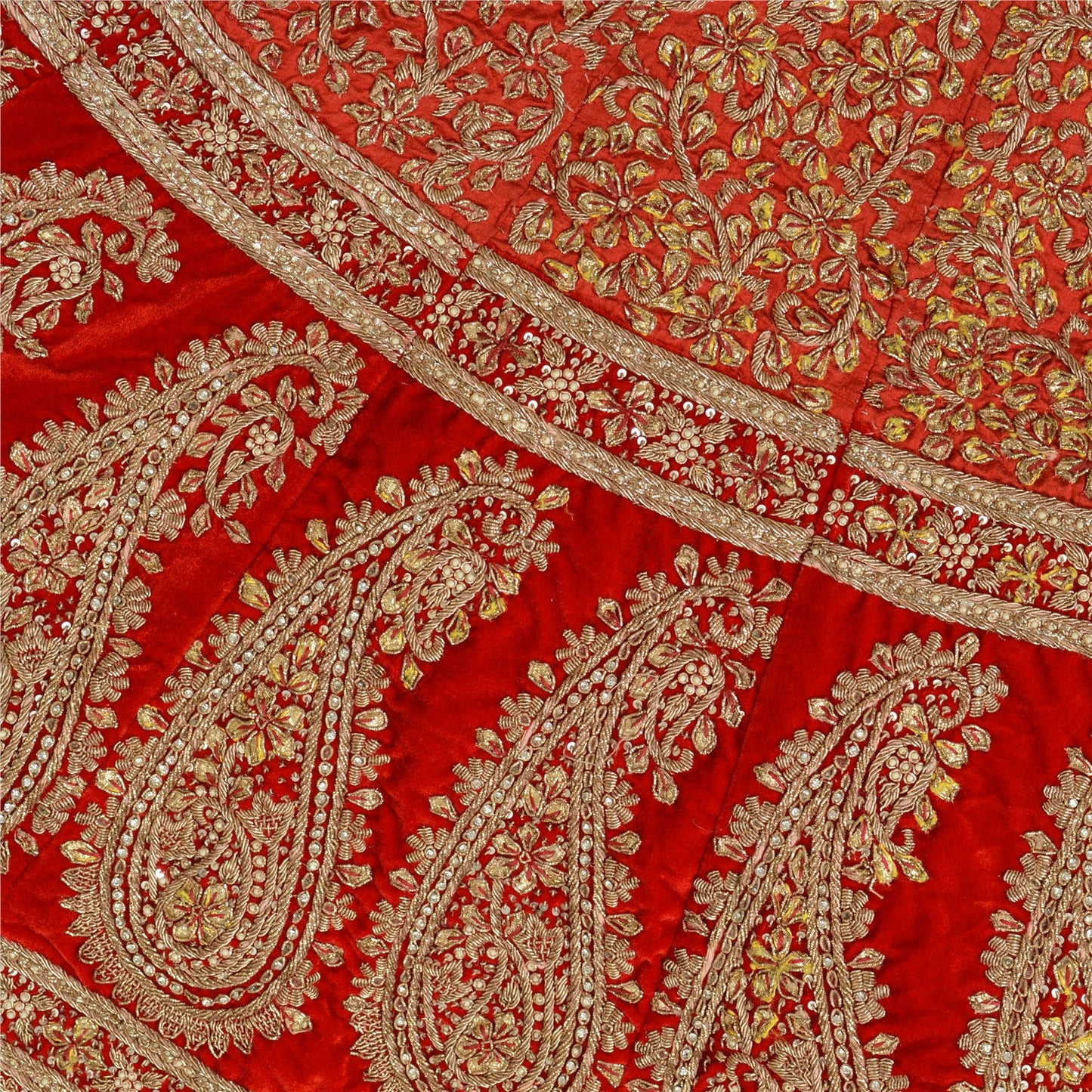 Sanskriti Vintage Red Long Wedding Skirt Pure Silk Hand Beaded Stitched Lehenga