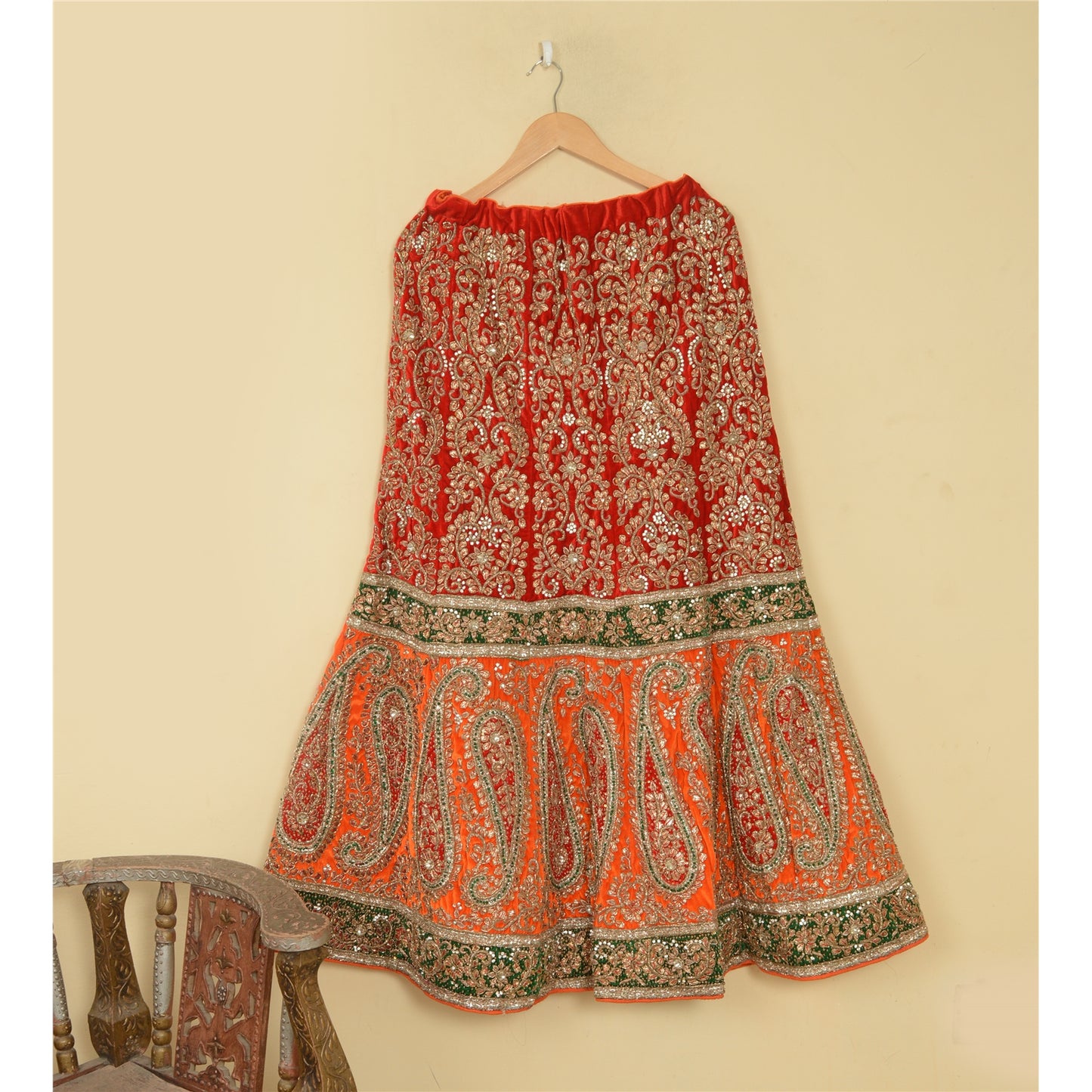 Sanskriti vintage Red Long Skirt Velvet Hand Beaded Stitched Antique Lehenga