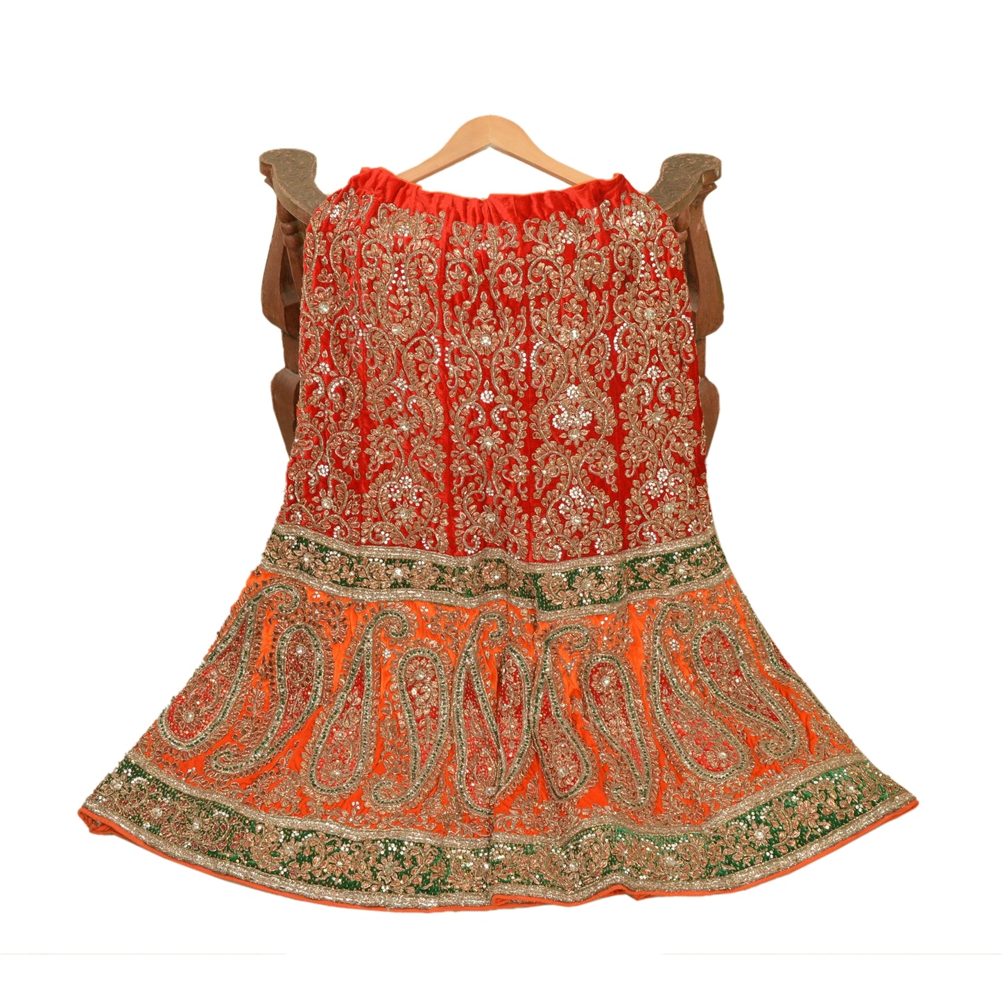 Sanskriti vintage Red Long Skirt Velvet Hand Beaded Stitched Antique Lehenga