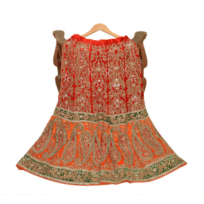 Sanskriti vintage Red Long Skirt Velvet Hand Beaded Stitched Antique Lehenga