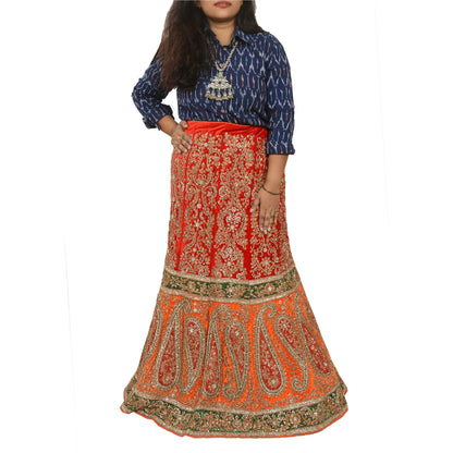 Sanskriti vintage Red Long Skirt Velvet Hand Beaded Stitched Antique Lehenga