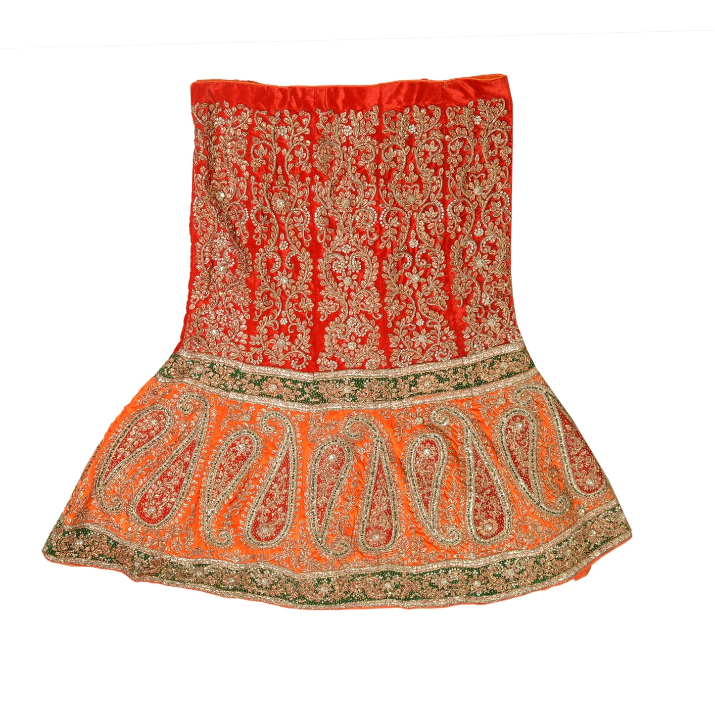 Sanskriti vintage Red Long Skirt Velvet Hand Beaded Stitched Antique Lehenga