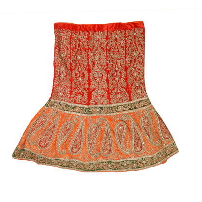 Sanskriti vintage Red Long Skirt Velvet Hand Beaded Stitched Antique Lehenga