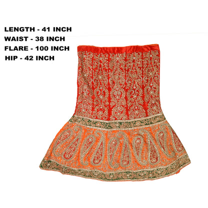 Sanskriti vintage Red Long Skirt Velvet Hand Beaded Stitched Antique Lehenga