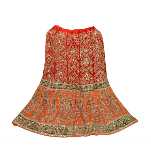 Sanskriti vintage Red Long Skirt Velvet Hand Beaded Stitched Antique Lehenga
