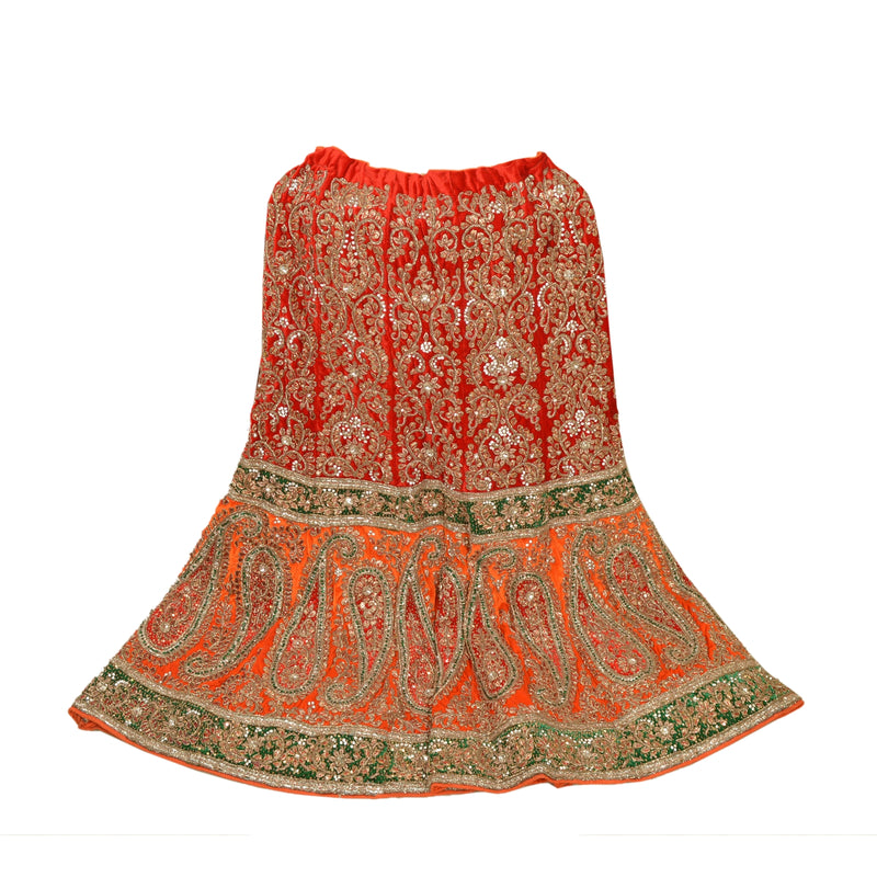Sanskriti vintage Red Long Skirt Velvet Hand Beaded Stitched Antique Lehenga