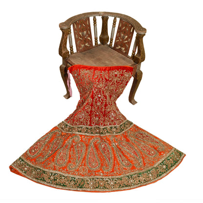 Sanskriti vintage Red Long Skirt Velvet Hand Beaded Stitched Antique Lehenga