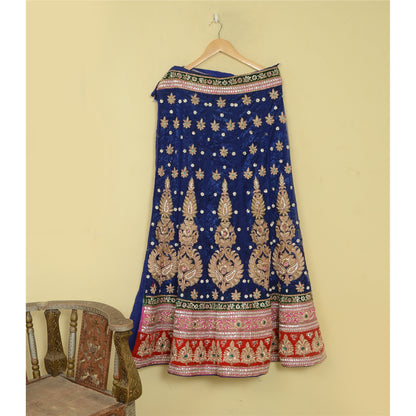 Sanskriti New Blue Net Mesh Long Skirt Unstitched Hand Beaded Ethnic Dressing