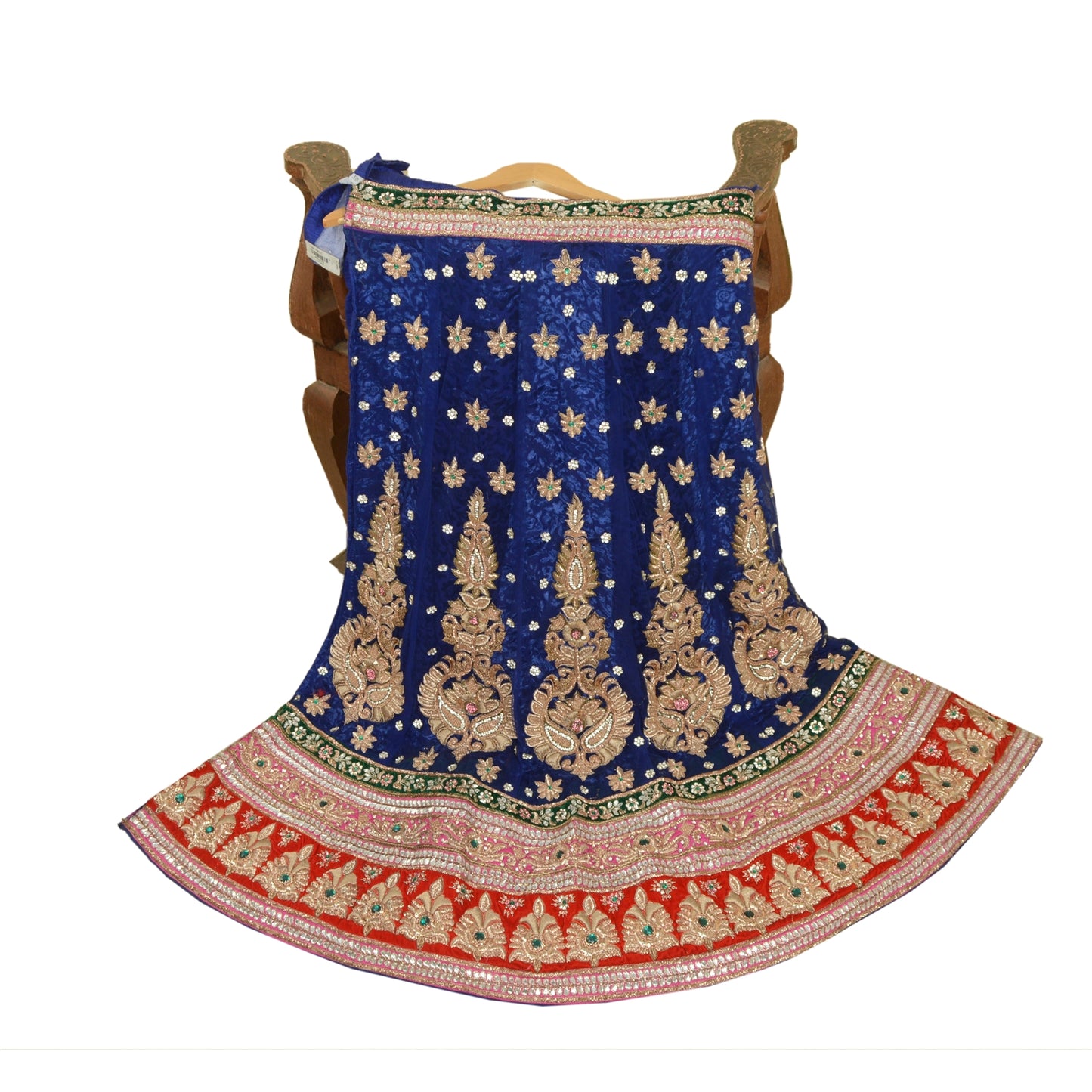 Sanskriti New Blue Net Mesh Long Skirt Unstitched Hand Beaded Ethnic Dressing