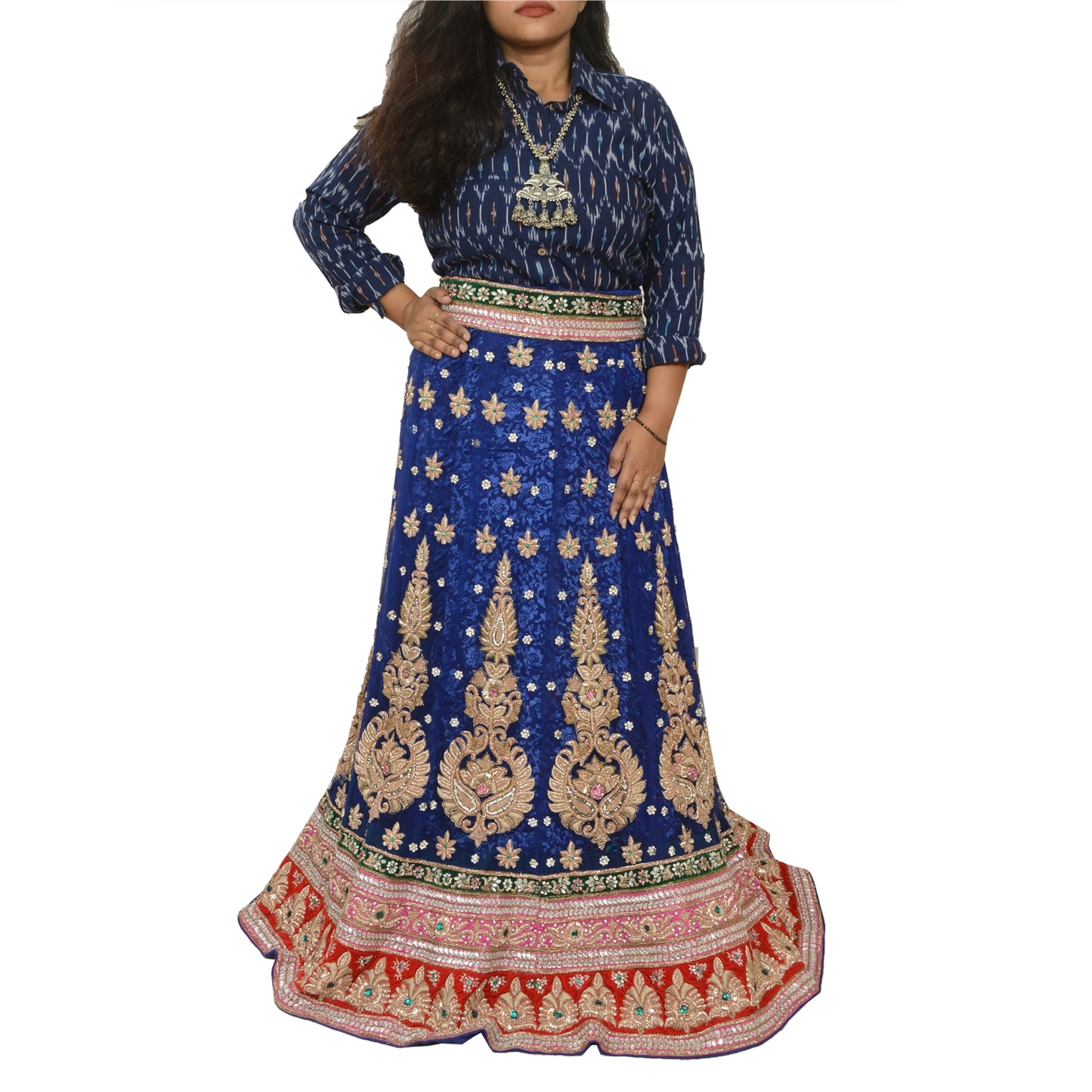 Sanskriti New Blue Net Mesh Long Skirt Unstitched Hand Beaded Ethnic Dressing