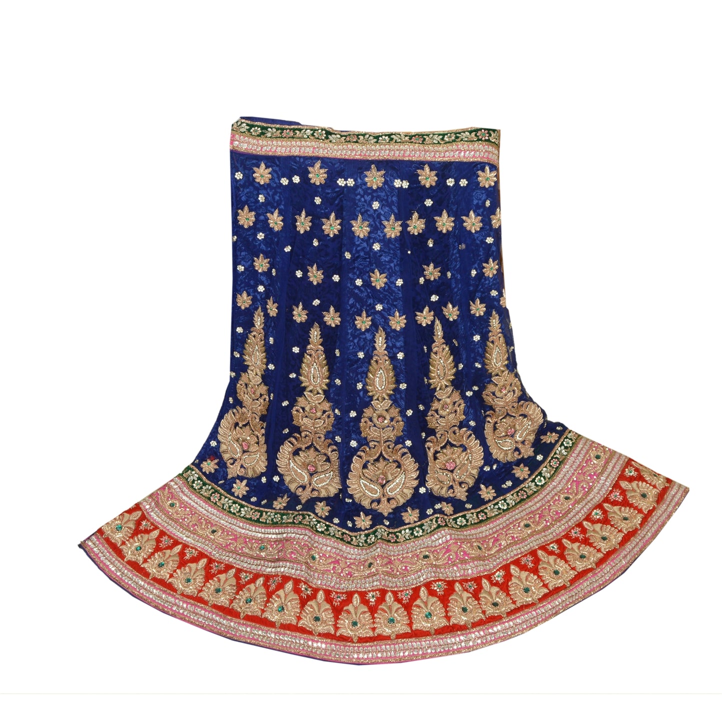 Sanskriti New Blue Net Mesh Long Skirt Unstitched Hand Beaded Ethnic Dressing