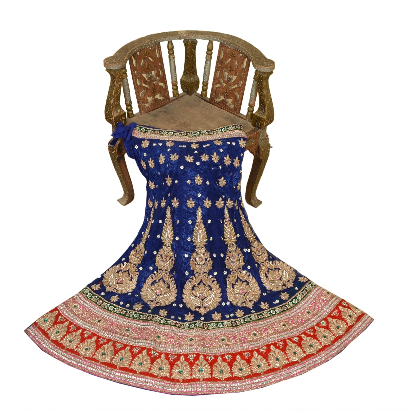 Sanskriti New Blue Net Mesh Long Skirt Unstitched Hand Beaded Ethnic Dressing