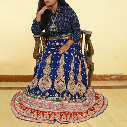 Sanskriti New Blue Net Mesh Long Skirt Unstitched Hand Beaded Ethnic Dressing