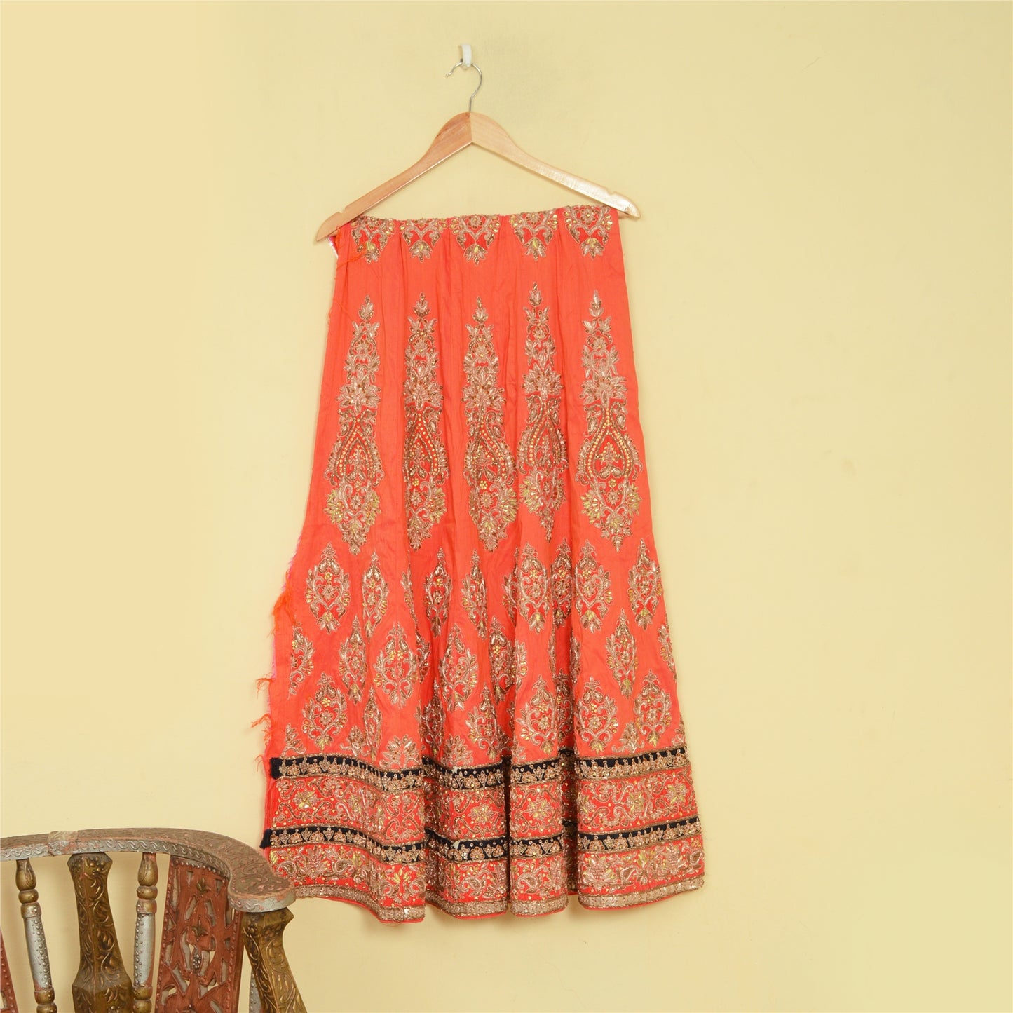 Sanskriti Vintage Peach Long Skirt Pure Silk Hand Beaded Unstitched Lehenga