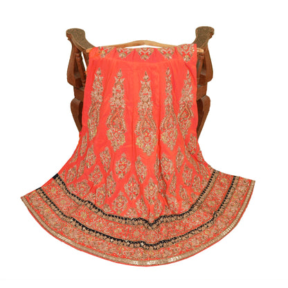 Sanskriti Vintage Peach Long Skirt Pure Silk Hand Beaded Unstitched Lehenga