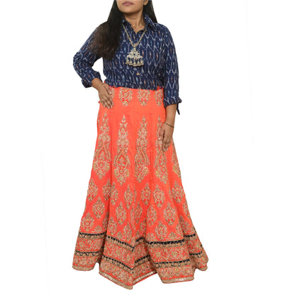 Sanskriti Vintage Peach Long Skirt Pure Silk Hand Beaded Unstitched Lehenga