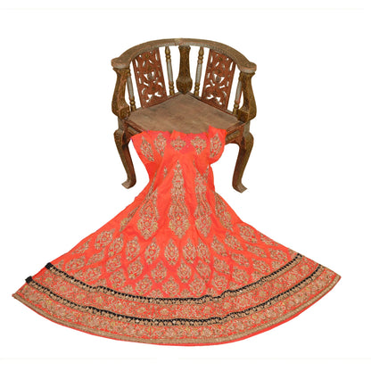 Sanskriti Vintage Peach 100% Pure Silk Long Skirt Unstitched Hand Beaded Zari Zardozi