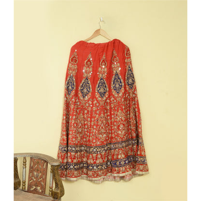 Sanskriti Vintage Red Long Wedding Skirt Pure Silk Hand Beaded Stitched Lehenga