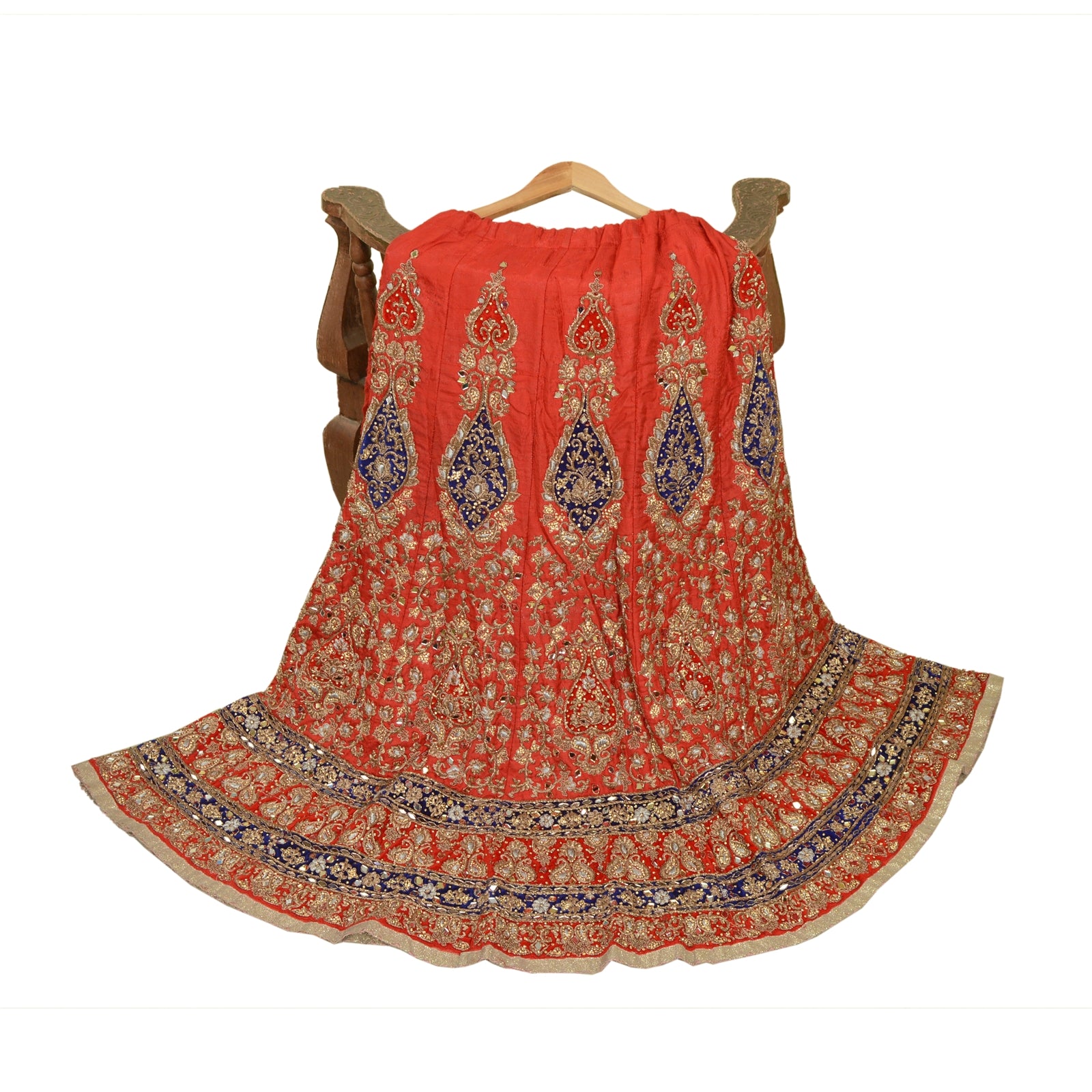 Sanskriti Vintage Red Pure Silk Skirt Stitched Long Wedding Hand Beaded Zardozi
