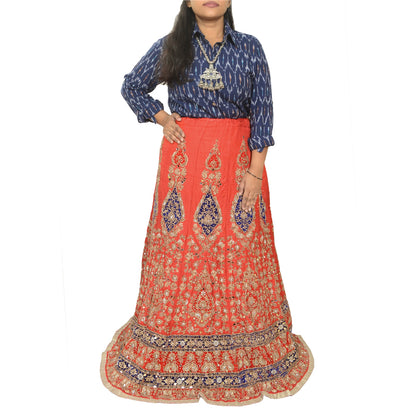 Sanskriti Vintage Red Long Wedding Skirt Pure Silk Hand Beaded Stitched Lehenga