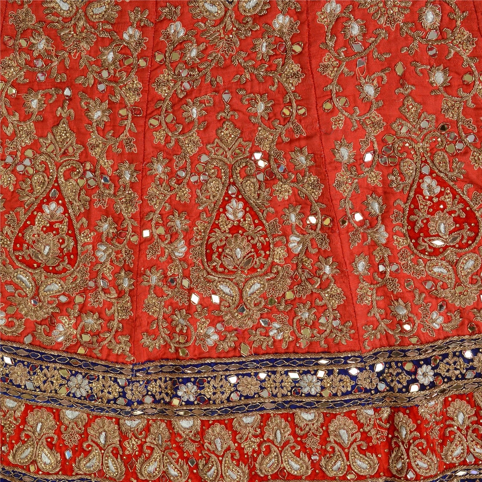 Sanskriti Vintage Red Pure Silk Skirt Stitched Long Wedding Hand Beaded Zardozi