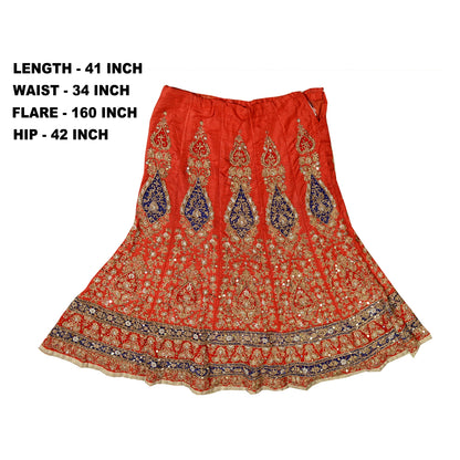 Sanskriti Vintage Red Long Wedding Skirt Pure Silk Hand Beaded Stitched Lehenga