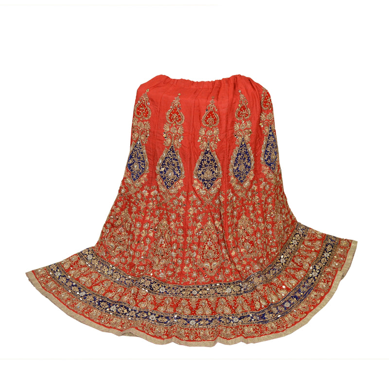 Sanskriti Vintage Red Pure Silk Skirt Stitched Long Wedding Hand Beaded Zardozi