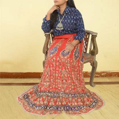 Sanskriti Vintage Red Long Wedding Skirt Pure Silk Hand Beaded Stitched Lehenga