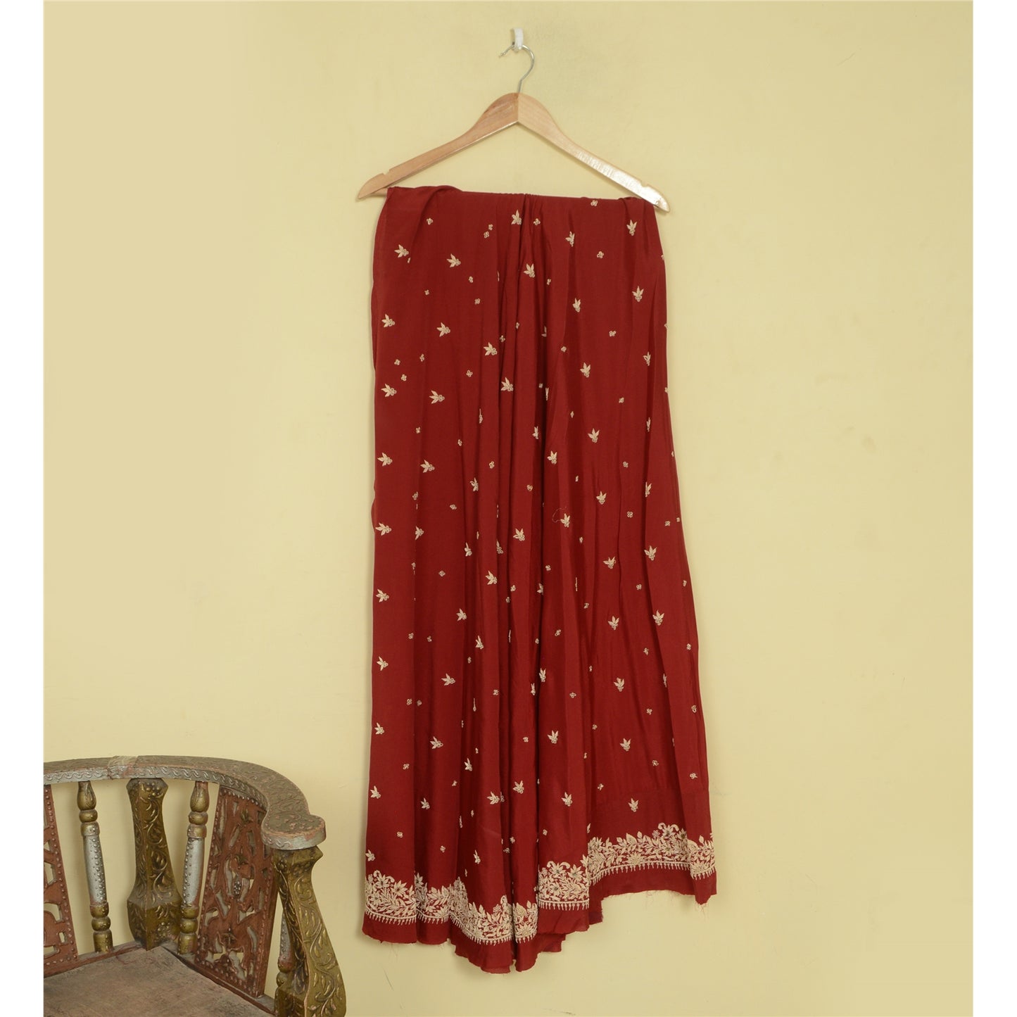 Sanskriti New Dark Red Long Skirt Pure Silk Hand Beaded Unstitched Lehenga