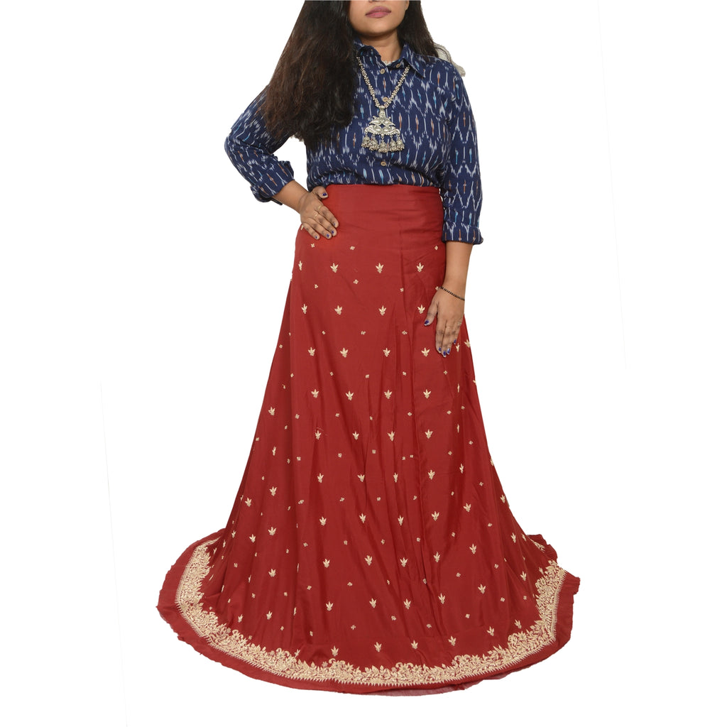 Sanskriti New Dark Red Long Skirt Pure Silk Hand Beaded Unstitched Lehenga
