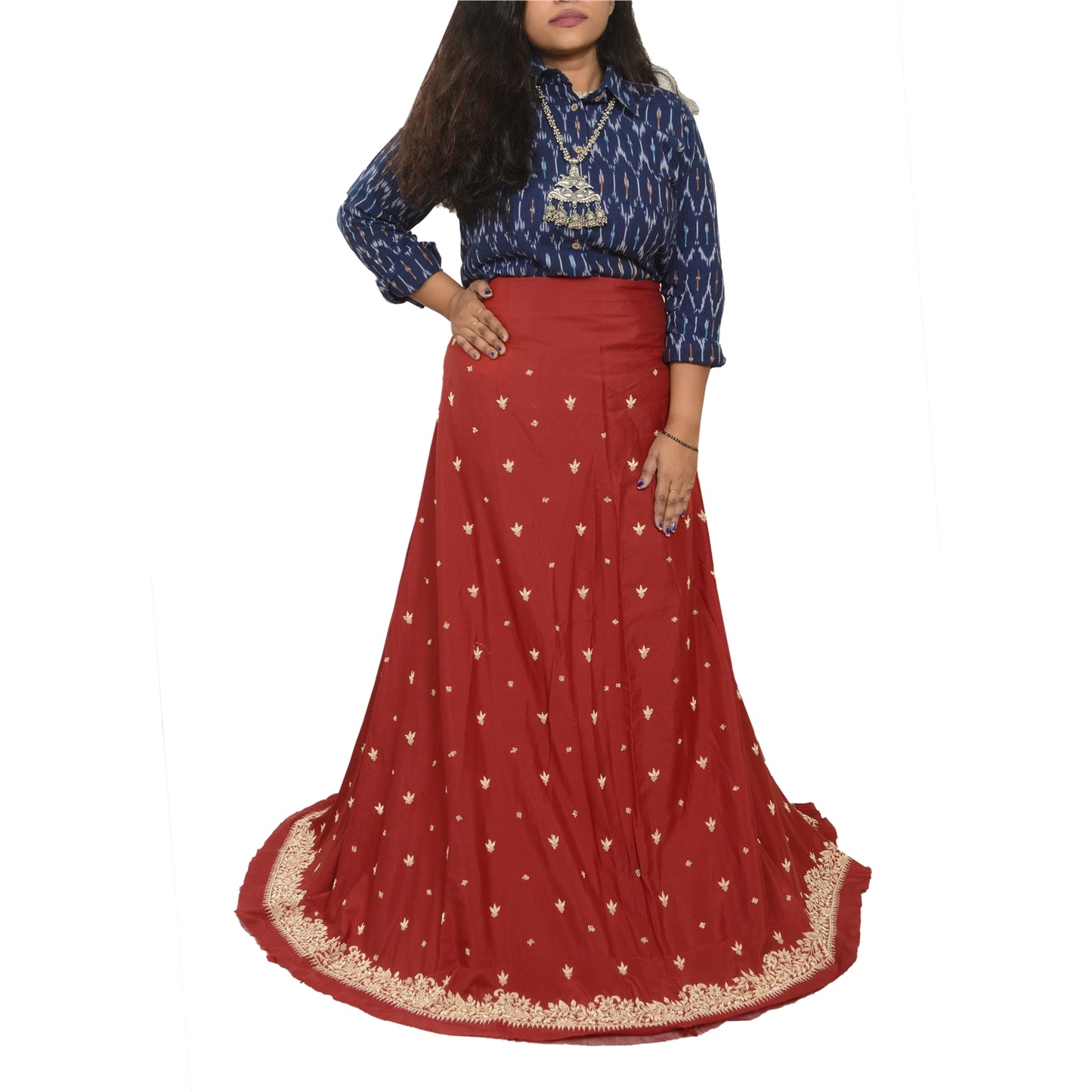 Sanskriti New Dark Red Long Skirt Pure Silk Hand Beaded Unstitched Lehenga