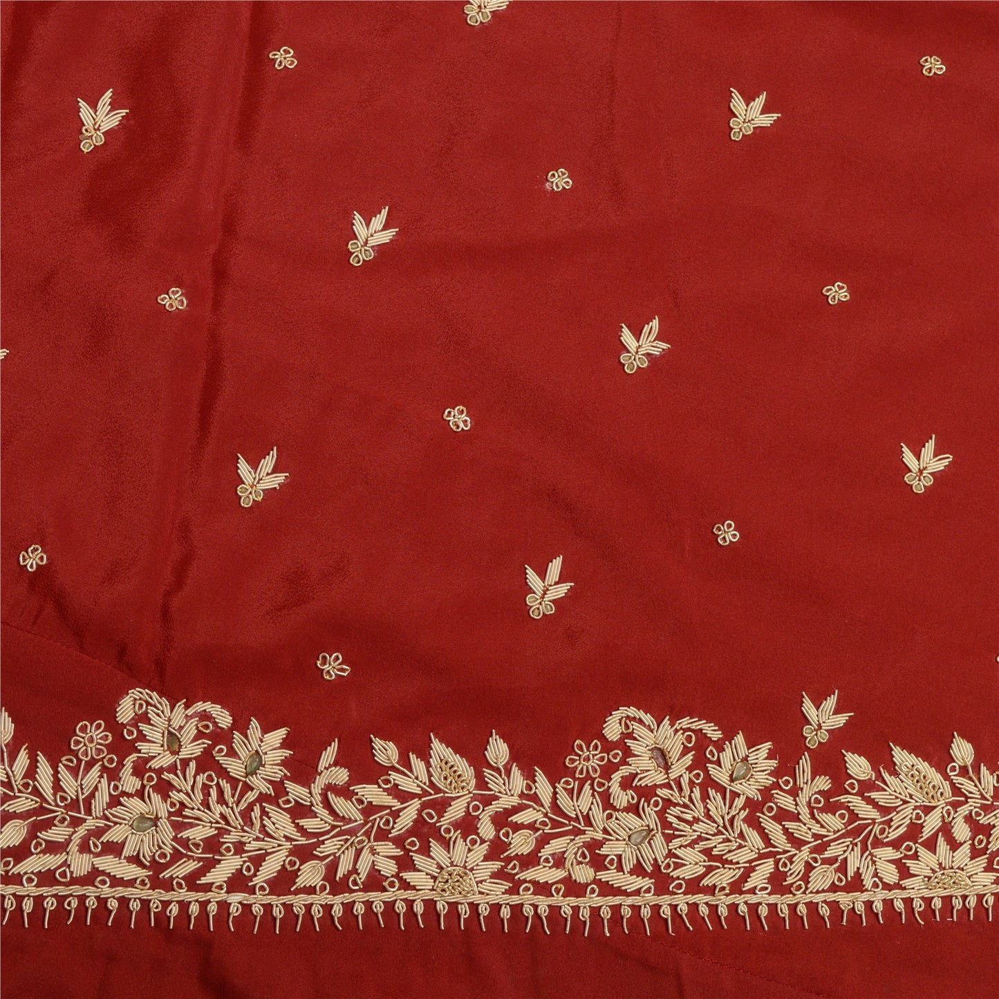 Sanskriti New Dark Red Long Skirt Pure Silk Hand Beaded Unstitched Lehenga