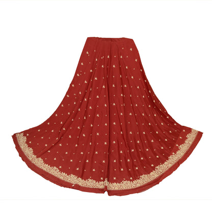 Sanskriti New Dark Red Long Skirt Pure Silk Hand Beaded Unstitched Lehenga