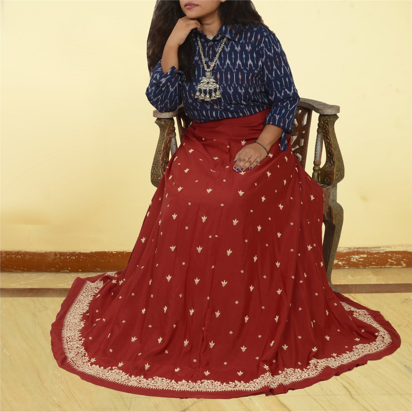 Sanskriti New Dark Red Long Skirt Pure Silk Hand Beaded Unstitched Lehenga