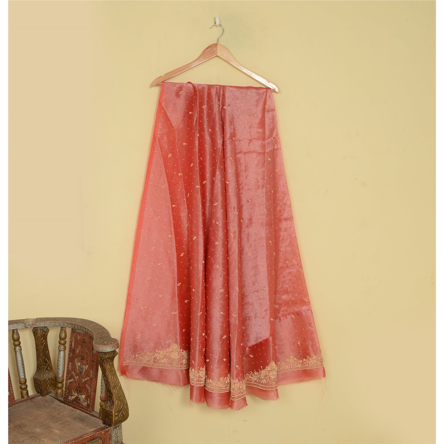 Sanskriti New Peach Pure Tissue Long Skirt Unstitched Hand Beaded Wedding Outfit