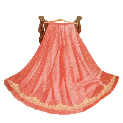 Sanskriti New Peach Pure Tissue Long Skirt Unstitched Hand Beaded Wedding Outfit