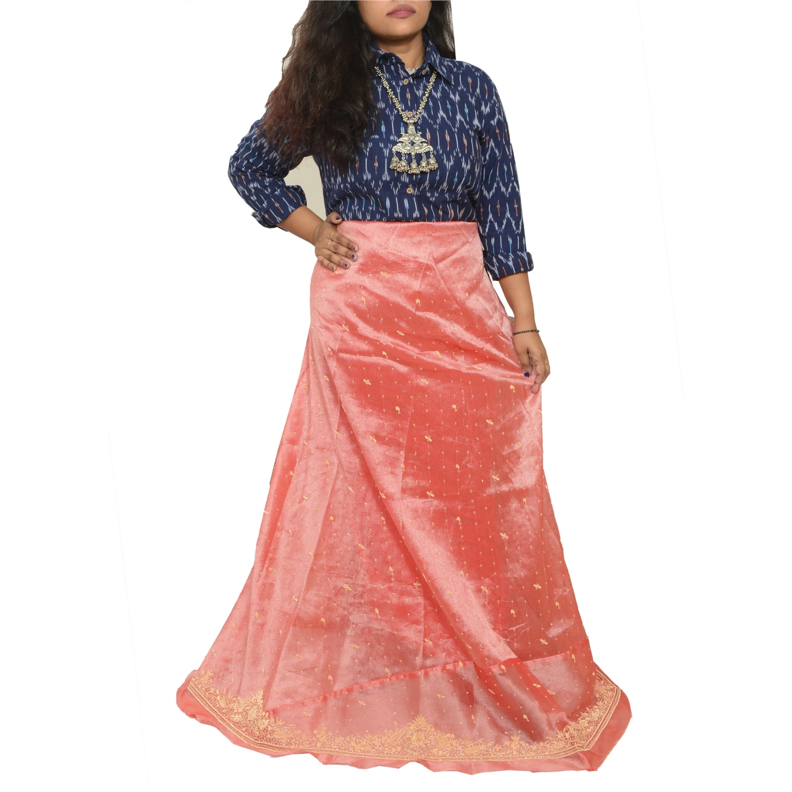 Sanskriti New Peach Pure Tissue Long Skirt Unstitched Hand Beaded Wedding Outfit