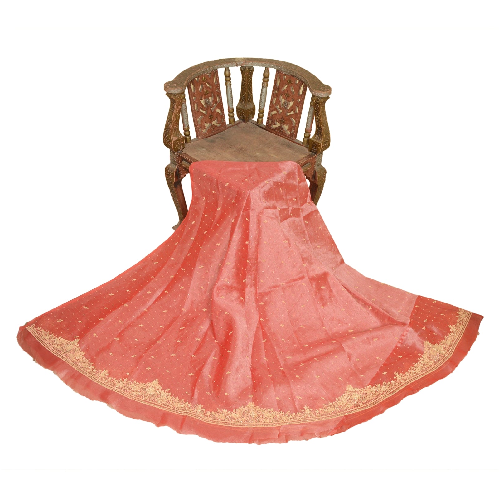 Sanskriti New Peach Pure Tissue Long Skirt Unstitched Hand Beaded Wedding Outfit