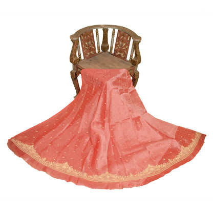 Sanskriti New Peach Pure Tissue Long Skirt Unstitched Hand Beaded Wedding Outfit