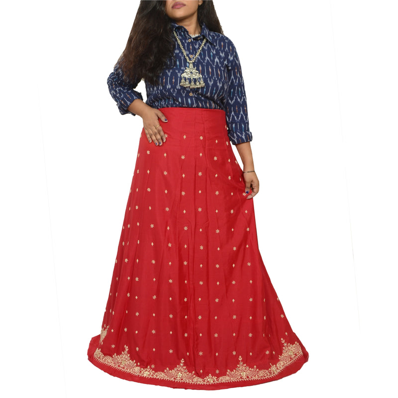 Sanskriti New Red 100% Pure Silk Long Skirt Unstitched Hand Embroidered Zardozi Beads