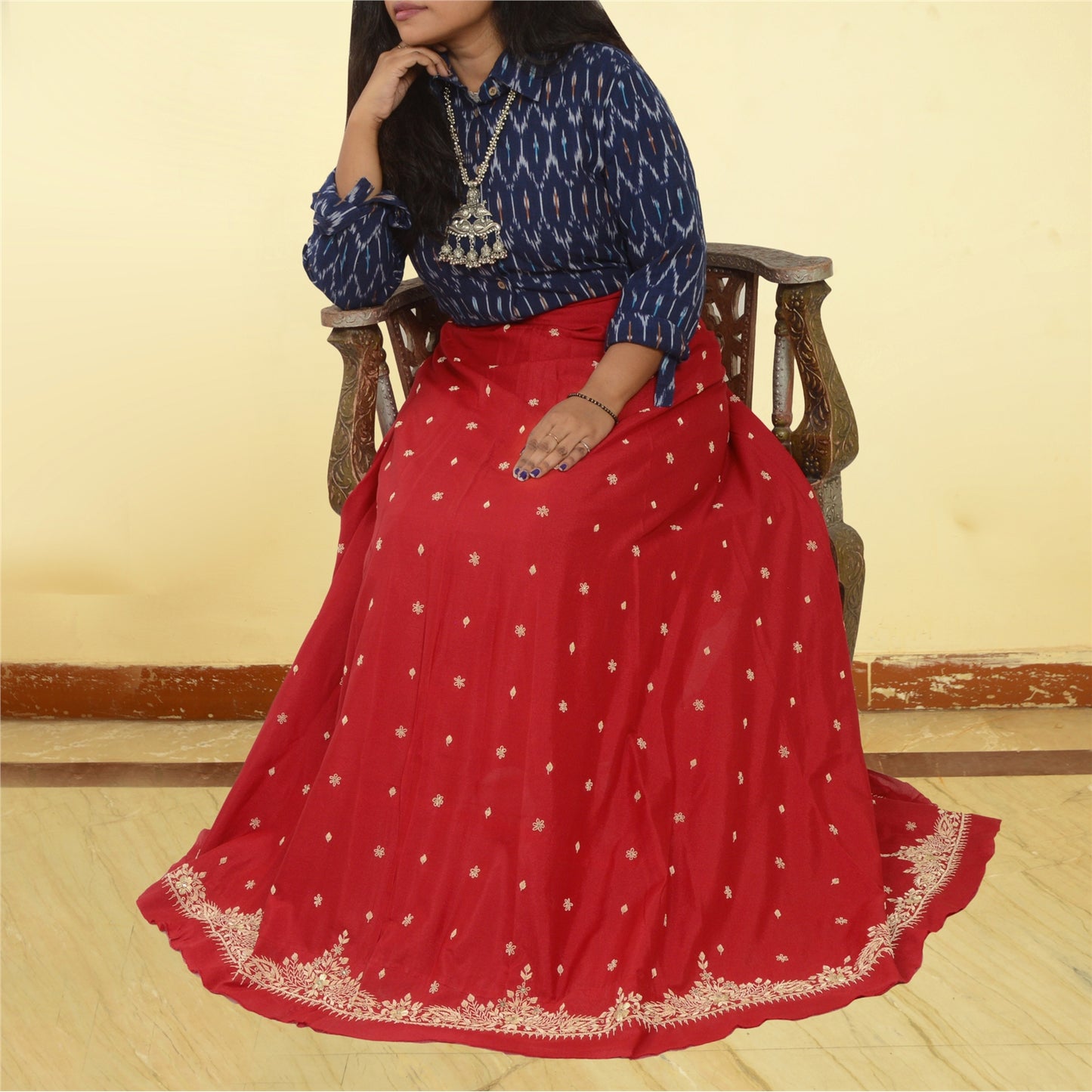 Sanskriti New Red Long Skirt Pure Silk Hand Embroidered Unstitched Lehenga