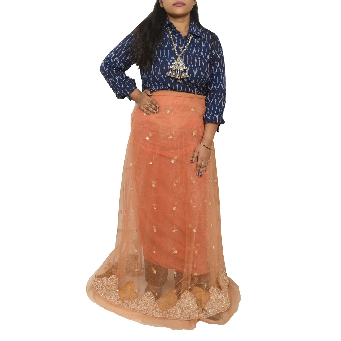 Sanskriti Peach Long Skirt Net Mesh Hand Beaded Unstitched Wedding Lehenga