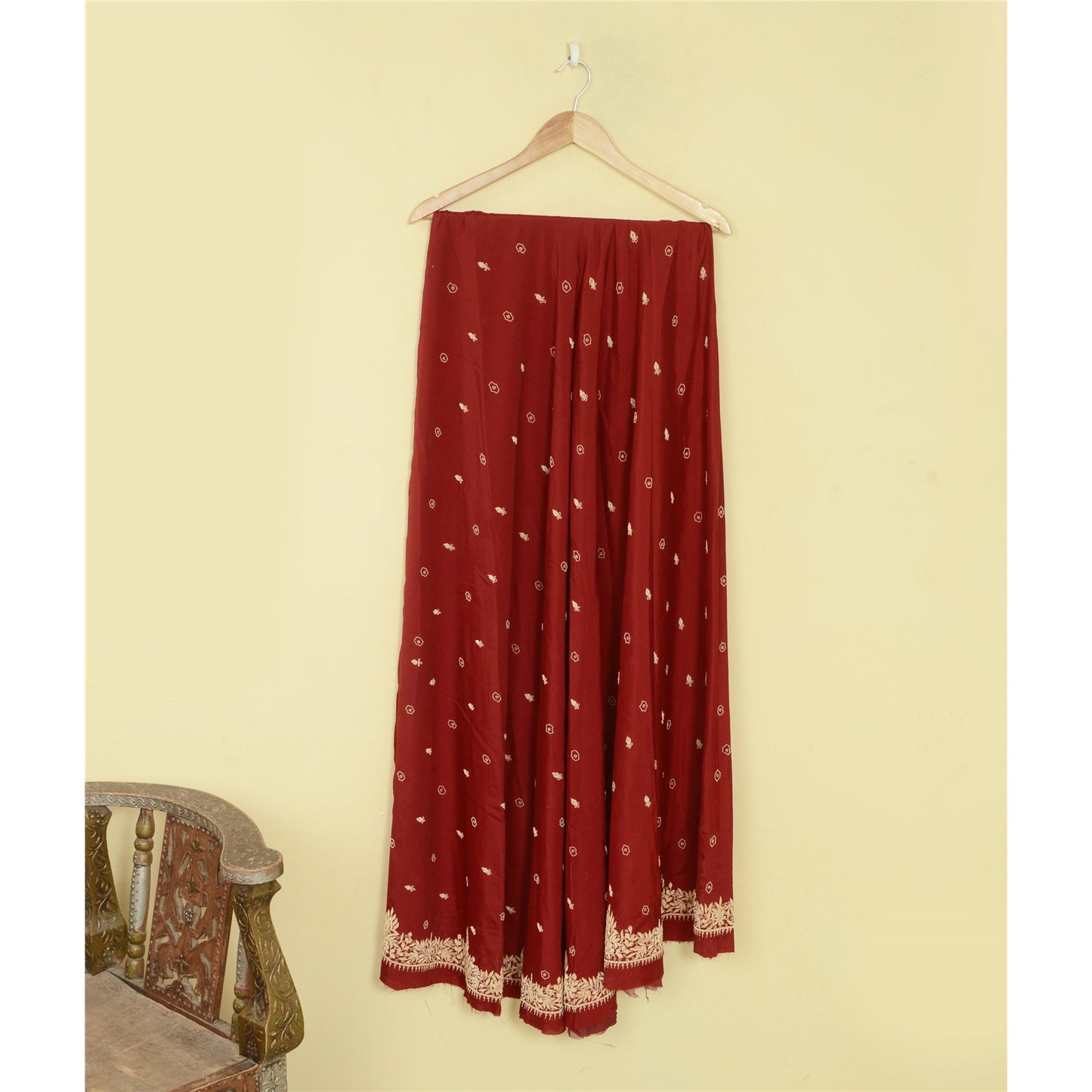 Sanskriti New Dark Red Long Skirt Pure Silk Hand Beaded Unstitched Lehenga