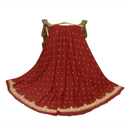 Sanskriti New Dark Red Long Skirt Pure Silk Hand Beaded Unstitched Lehenga